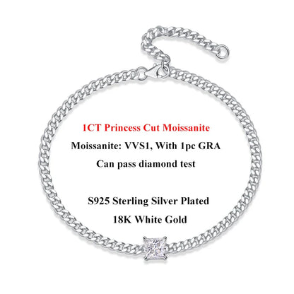 1CT Oval Cut D Color Moissanite Diamond Bracelet for Women 925 Silver Plated 18k Adjustable 16-21cm Cuban Link Bracelets