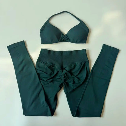 2pcs Seamless Yoga Set Women Yoga Scrunch Leggings Set Strappy Halter Sports Bra Fitness Gym Clothing Workout Set