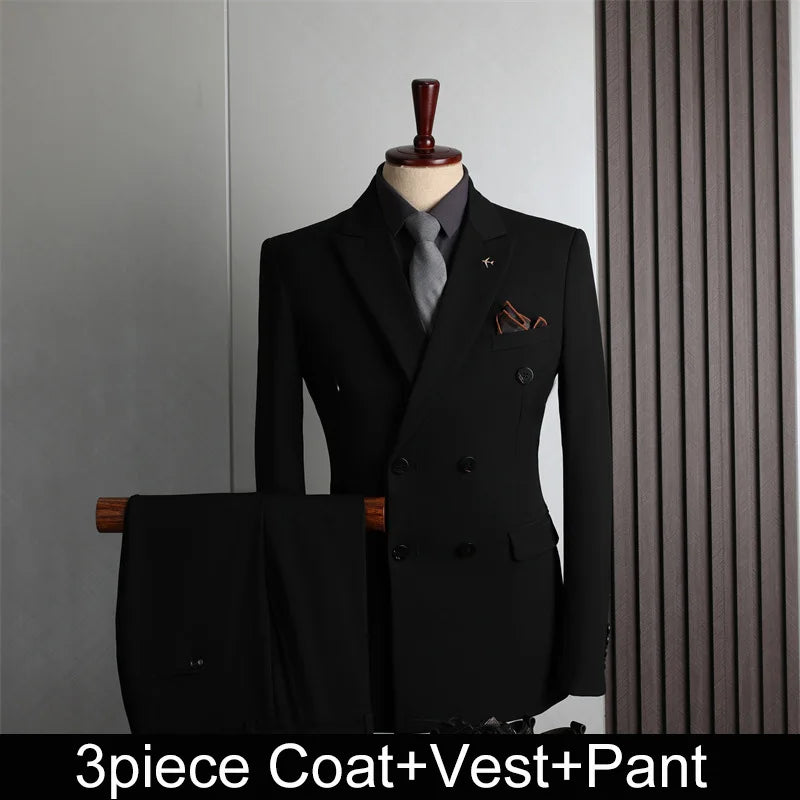 Man Suit Outfit Double-breasted Blazer Men V-neck Vest Straight-leg Pant Male Slim Business Wedding Three-piece Set