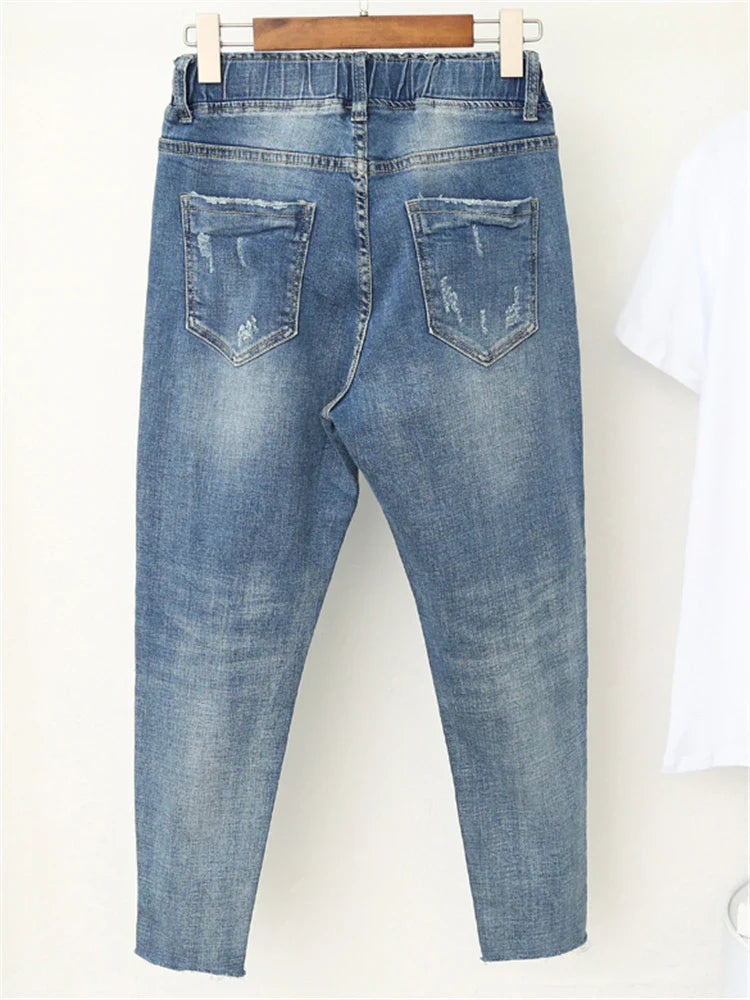 Women Baggy Elastic Waist Jeans Style Ripped Pants
