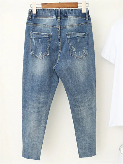 Women Baggy Elastic Waist Jeans Style Ripped Pants