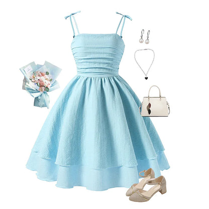 7-12 Years Teen Girls Dress Solid Color Sling Tiered Sleeveless Princess Dress For Kids Children Birthday Present Clothes