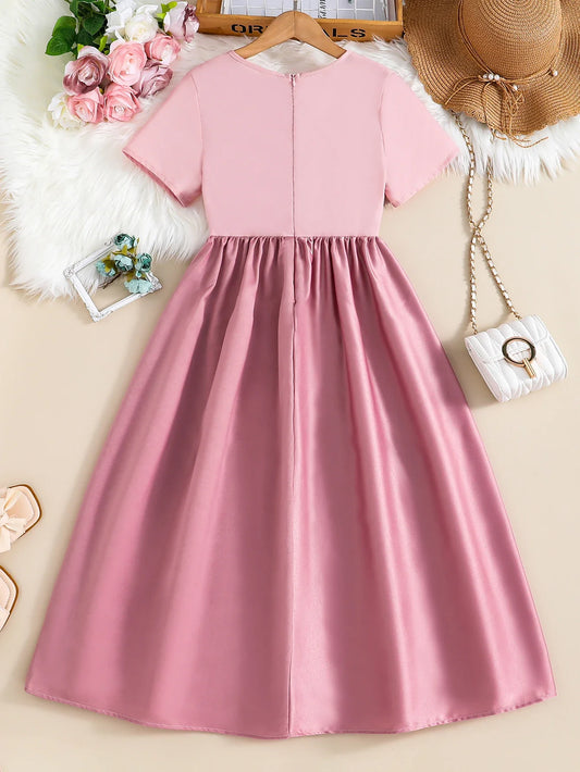 Summer Retro Elegant Girls' Waist Decal Round Neck Zipper Short Sleeved Solid Color Medium Long Dress