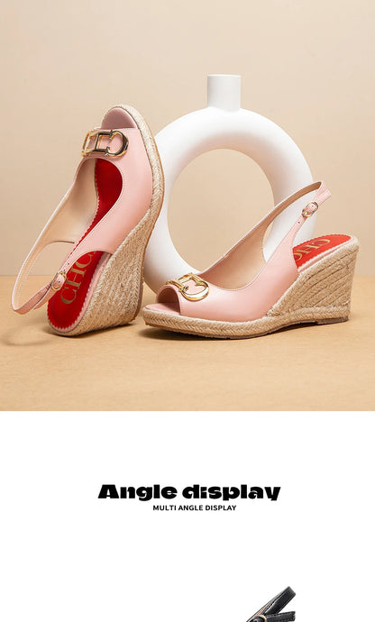 sandals summer women's casual shoes Gold INITIALS INSIGNIA PU LEATHER WEDGES Luxury brand wedge shoeses