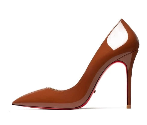 12CM Brown Patent Leather Pumps Women Red Bottom Heels Elegant High Heeled Stilettos Evening Shoe for Party