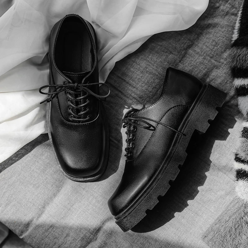 Men's Formal Shoes with Flat Heel Low Top Lace-up Solid Color Thick Sole Unique and Fashionable New Style Leather Shoes