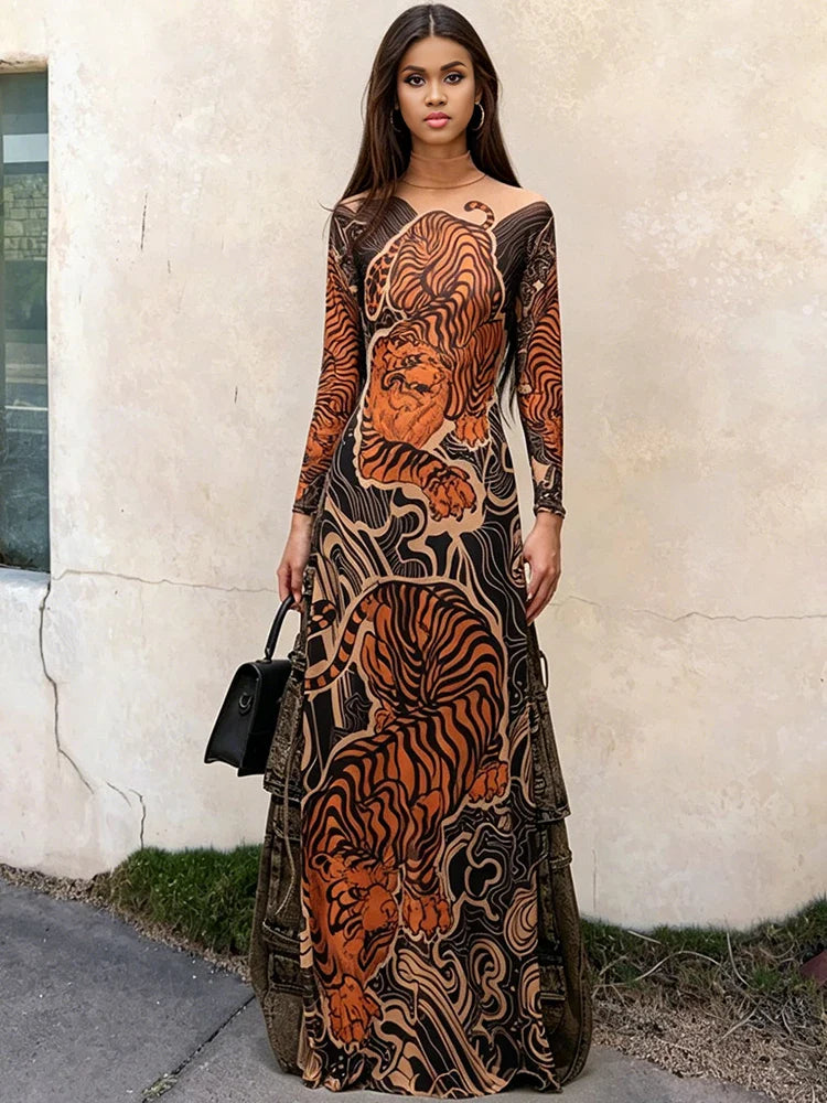 See Through T-Shirts Women Tiger Print Long Sleeve High Neck High Slits High Elastic Skinny Trend Street Hipster Tops