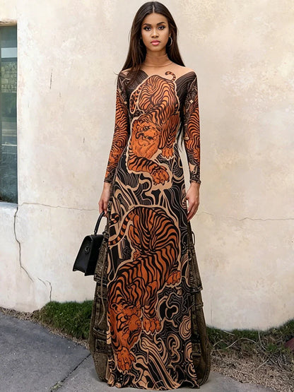 See Through T-Shirts Women Tiger Print Long Sleeve High Neck High Slits High Elastic Skinny Trend Street Hipster Tops