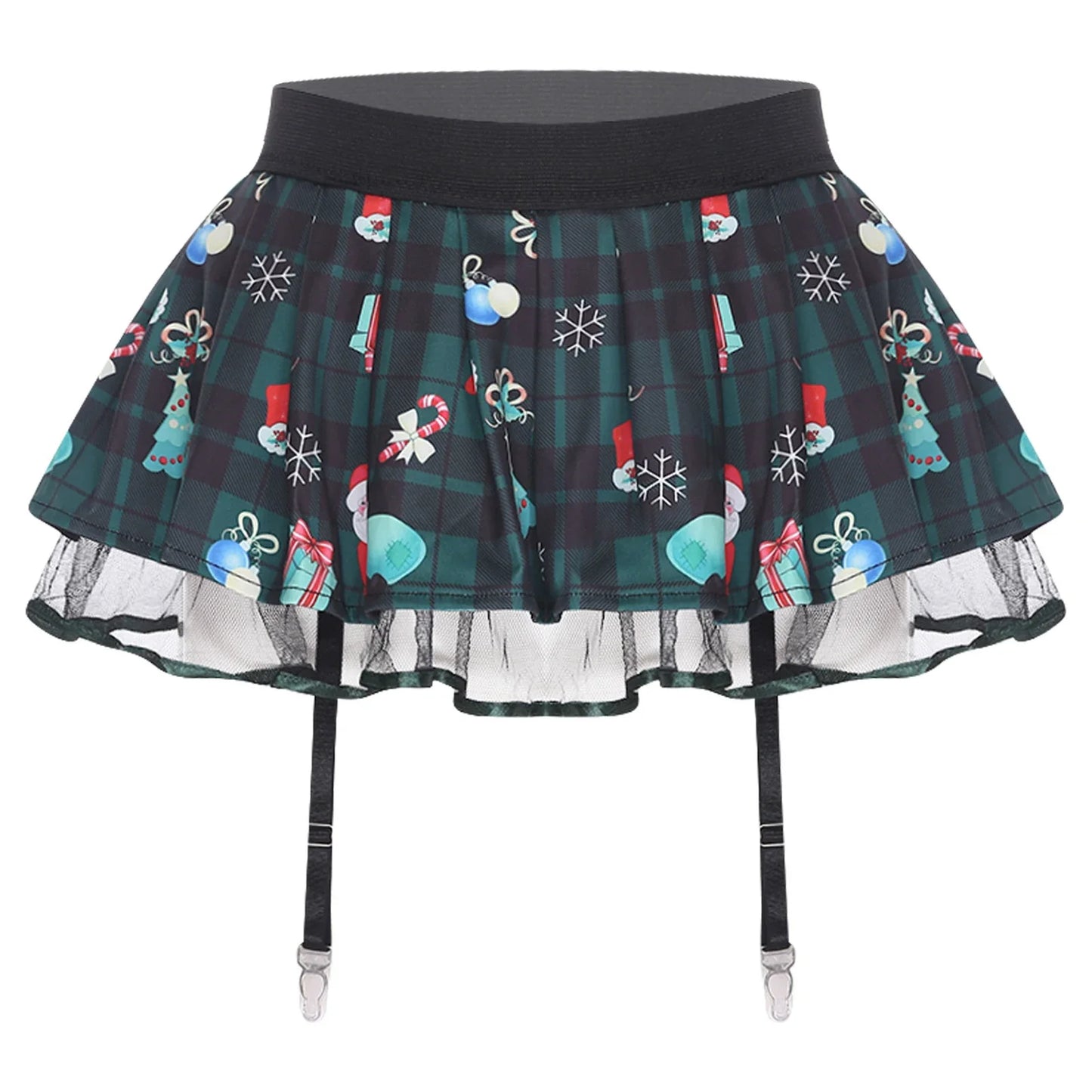 Women's Miniskirt with Garters Schoolgirl Cosplay Costume Plaid Layer with Tulle Lining Elastic Waistband Short Skirt Clubwear