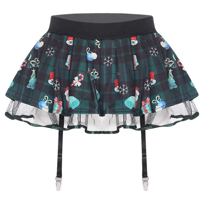 Women's Miniskirt with Garters Schoolgirl Cosplay Costume Plaid Layer with Tulle Lining Elastic Waistband Short Skirt Clubwear