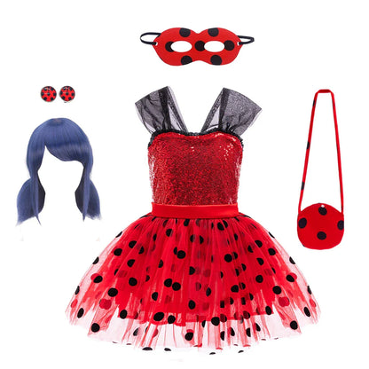 Girl Polka Dot Princess Dress Ladybug Dress Up Fur Ball Headband Black and Red Dress Halloween Cosplay costume Carnival Clothes