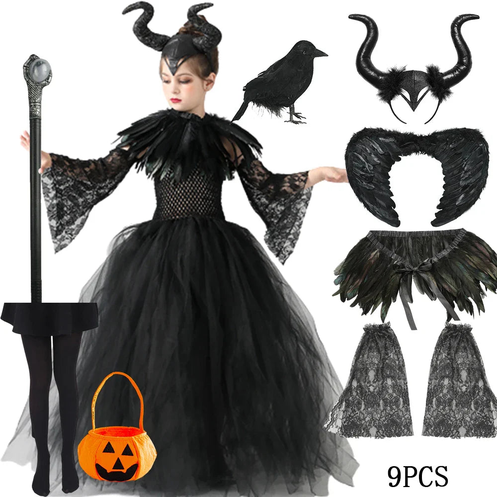Halloween Maleficent Costume for Girls Evil Queen Dress Up Costumes Witch Devil Black Mesh Princess Dress Cosplay