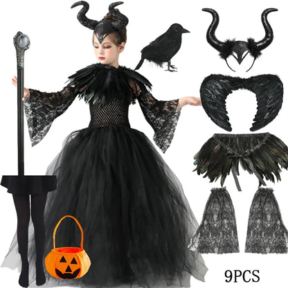 Halloween Maleficent Costume for Girls Evil Queen Dress Up Costumes Witch Devil Black Mesh Princess Dress Cosplay