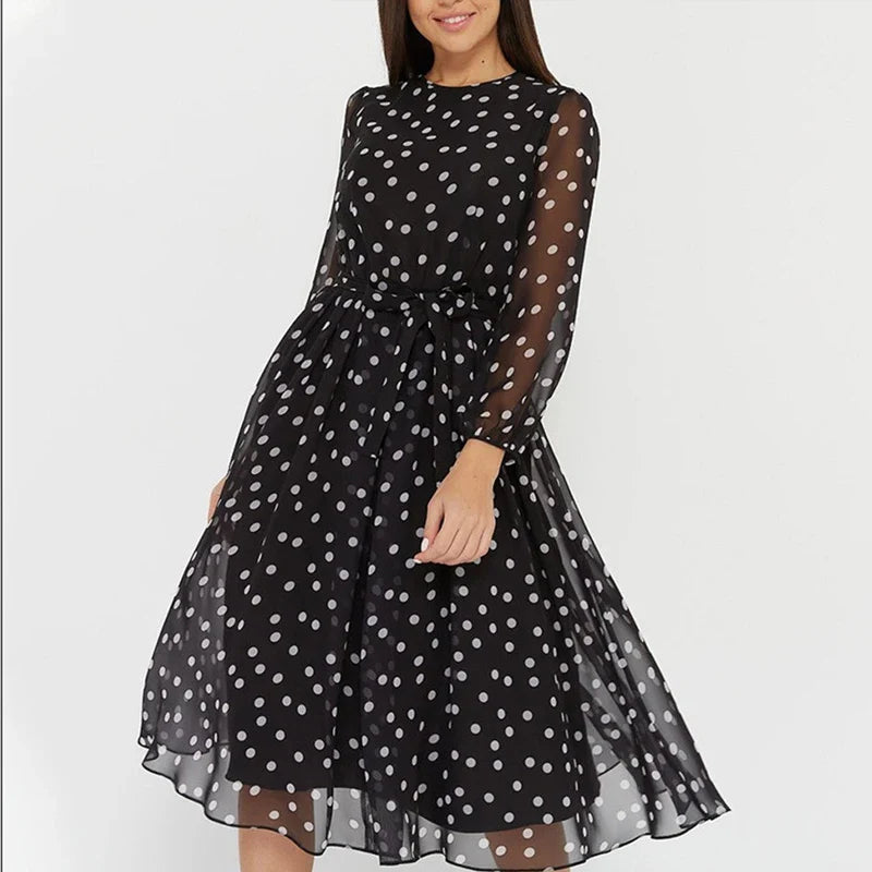 Spring and Summer Chiffon Dress Long Sleeved Solid Color Polka Dot Dress Elegant Lantern Sleeve Round Neck High Waisted Dresses