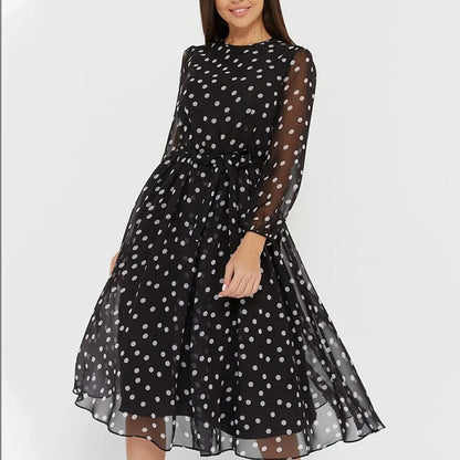 Spring and Summer Chiffon Dress Long Sleeved Solid Color Polka Dot Dress Elegant Lantern Sleeve Round Neck High Waisted Dresses
