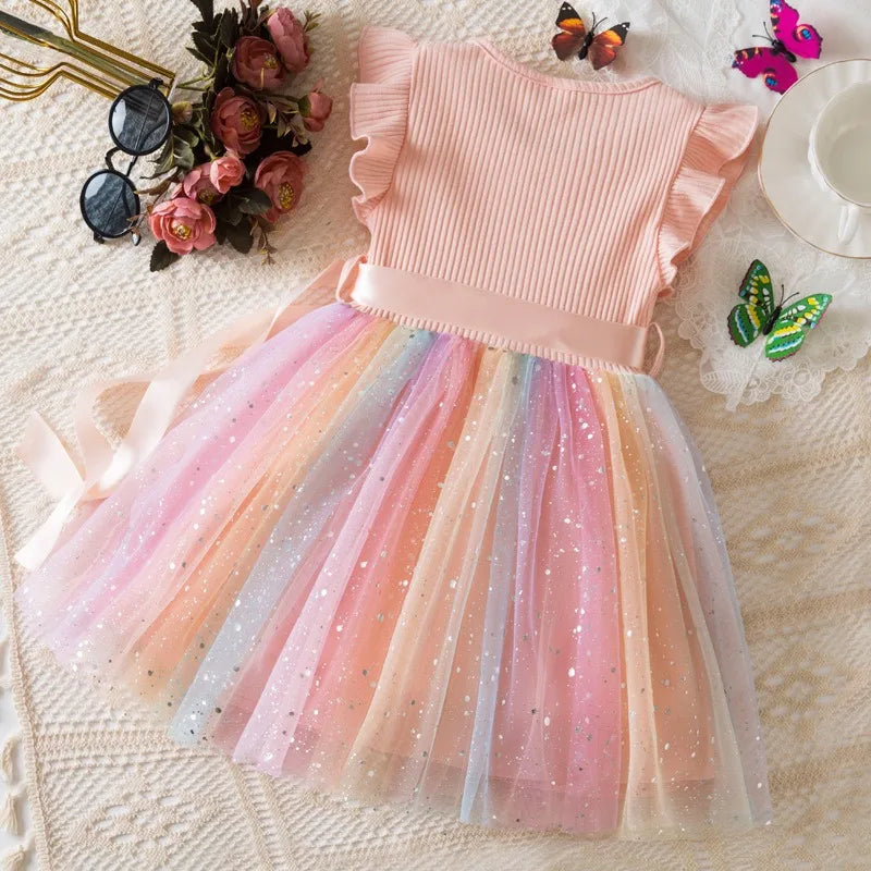 Sweet Girls Flying Sleeves Bow Sequin Dress Kids Baby Girl Birthday Party Fluffy Tutu Princess Dress 1-5Y