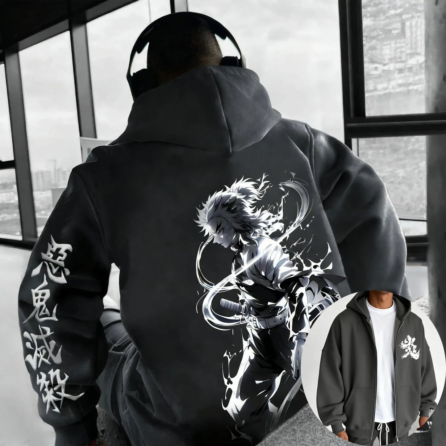 Anime Rengoku Kyoujurou Printed Zipper Hoodie Autumn/Winter  Men's and Women's Casual Sports Sports Shirt Top