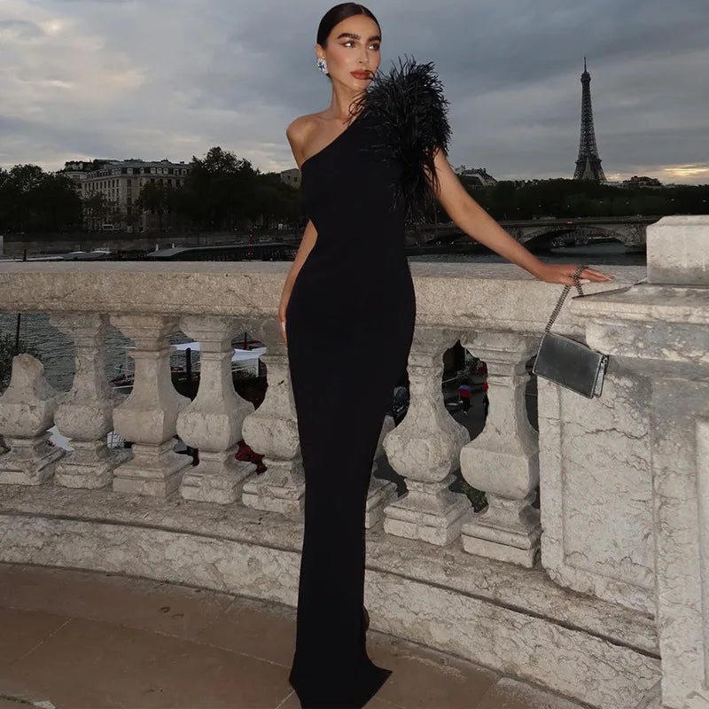 Black Sleeveless One Shoulder Maxi Dress For Women Bodycon Sexy Party Elegant Long Dress Birthday Evening Outfit