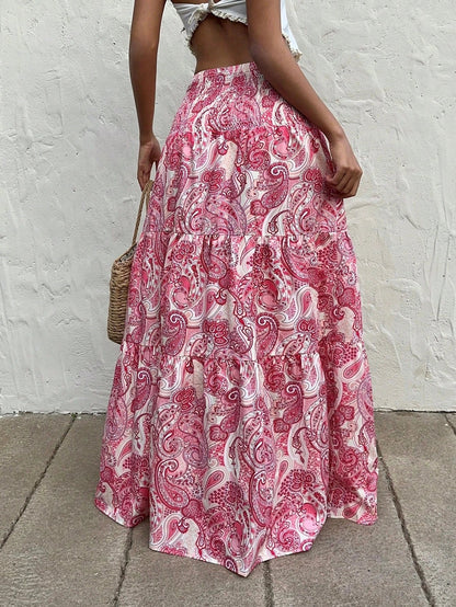 Vacation Style Stretchy Waist Long Maxi Skirt - Flowy Beach Skirt with Elastic Waistband