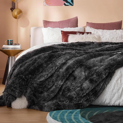 King Size Fluffy Tie Dye Black Blanket, Thick Sherpa Faux Fur Fleece Bedding for Winter Warmth, Cozy Gift 108x90