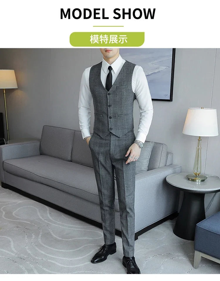 Hemp (blazer+Vest+Pants) Fashion Business Leisure Hosts Slim-fit Cotton Hemp Gentleman Wedding Work Wedding Suits for Men M-5XL