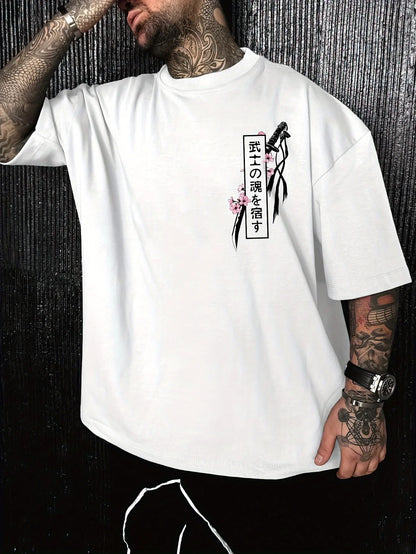Japanese Samurai Sword Sakura Print 100% Cotton Men Women T-shirt Summer Autumn Daily Outdoor Sports Casual Street Short-sleeve