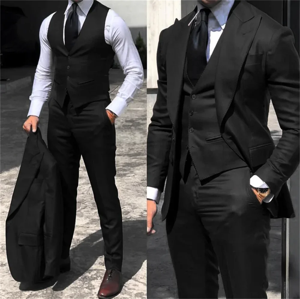 Formal 3 Pieces Groom Tuxedos Peak Lapel Blazer Vest Pants Groomsmen Wedding Suits Set Fashion Men Business Suits