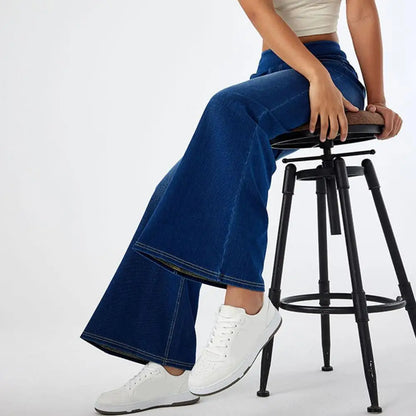 Wide Leg Jeans Solid Color Elastic High Waist Lady Pants