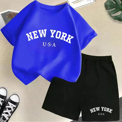 New York letter pattern boy and girl T-shirt+shorts 2-piece set