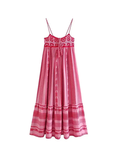 Women Bohemian Midi Dress Vacation Charm Splice Knitted Vintage Strap Dress Women Vestidos Mujer