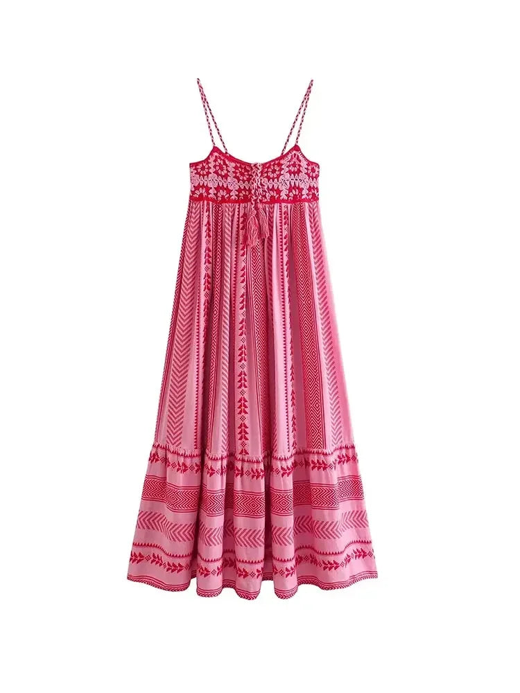 Women Bohemian Midi Dress Vacation Charm Splice Knitted Vintage Strap Dress Women Vestidos Mujer