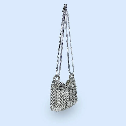 Silver Shiny Bag Handmade Woven Beaded Sequin Bag Mobile Phone Bag Long Shoulder Strap Single Shoulder Crossbody Bag for Women