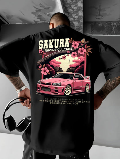 Men's Japanese Racing Graphic T-Shirt Sakura Motorsport Tee Cherry Blossoms Loose Fit Back Print Shirt Drift Events Streetwear
