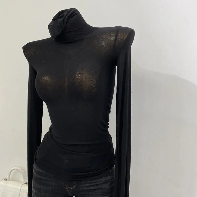 Slim High Quality Plain T Shirt Women Cotton Elastic Basic Female Tops Long Sleeve Sexy Thin T-shirt See Through