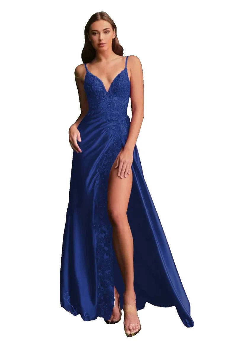 Women's Satin Appliques Prom Dresses with High Slit V Neck Mermaid Evening Gown Formal Party Dress
