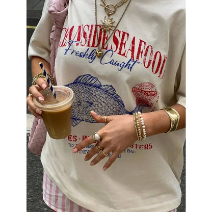 Summer American Street Ins Personalized Seafood Graphic T-shirts Fashion Y2K Aesthetic Street Clothing Short-sleeved Loose Tops