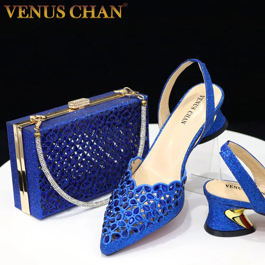 Royal Blue Noble Three-Dimensional Bag With Elegant High Heels Shoes Italian Popular Design African Ladies Shoes Bag Set