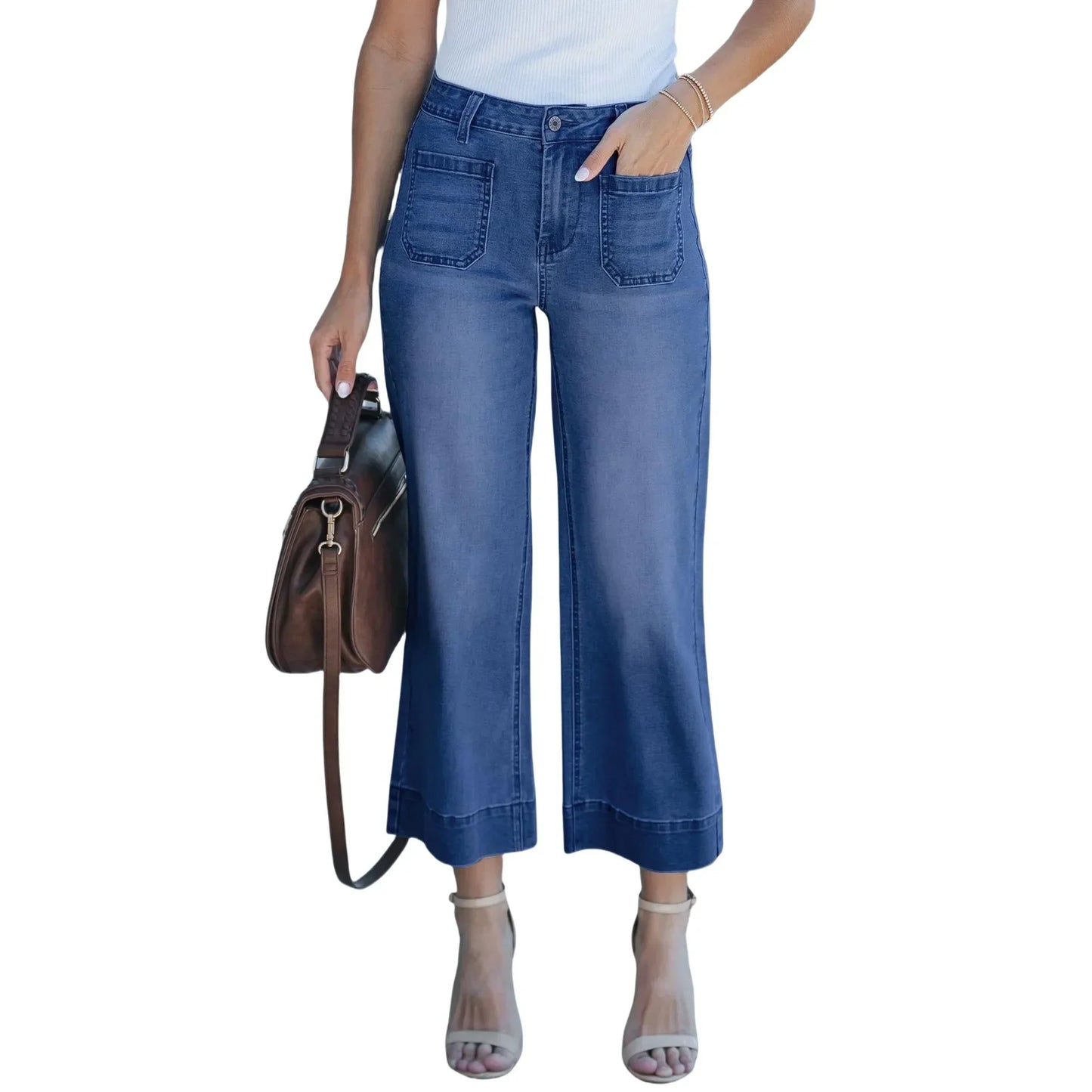 Fashionable Casual Straight Leg Jeans Washed Denim Nine-Piece