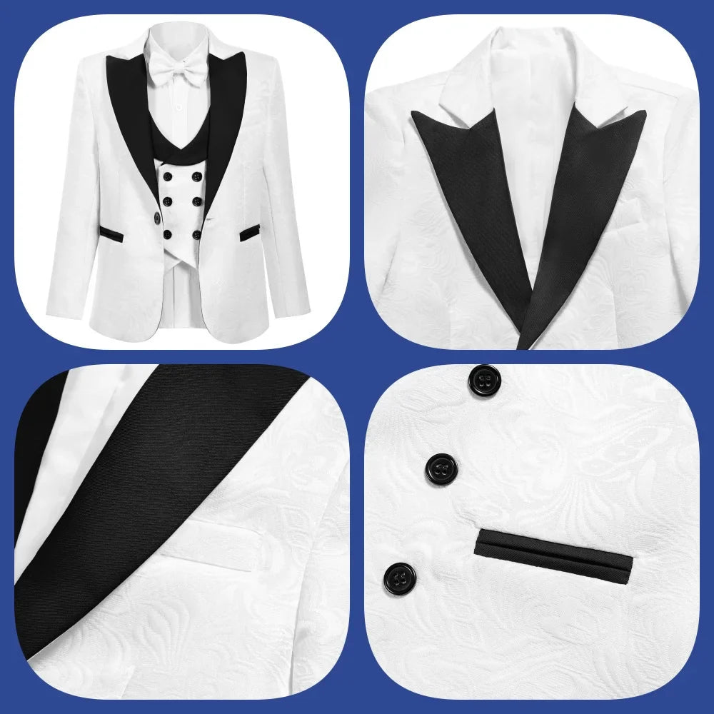 Classic Wedding Suit Set For Boys Slim Fitting Tuxedo Suits Blazer Vest Pants Bow-Tie 4PCS Graduation Piano Costume Dress wear
