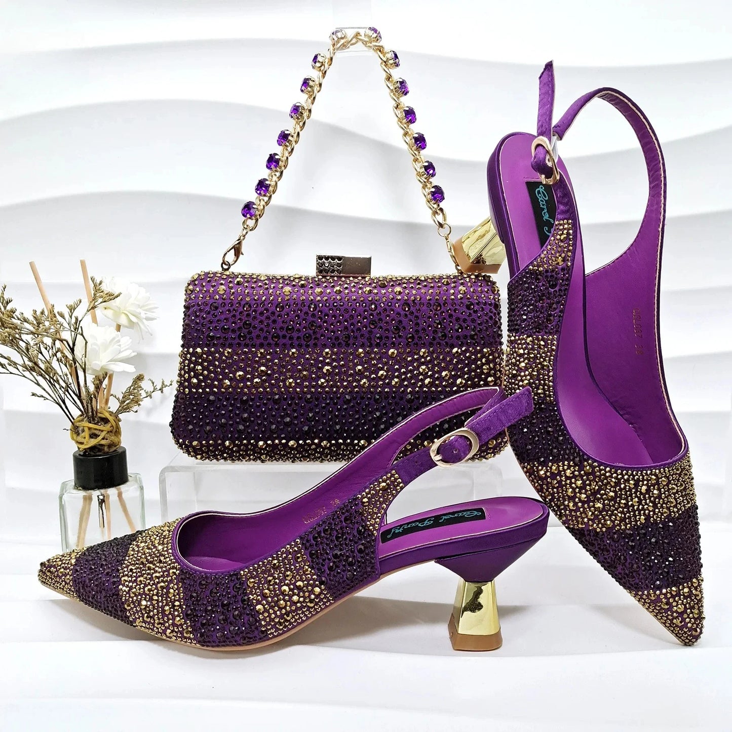 Fashion Nigerian Women Heel Party Ladies Italian Design Green Shoes And Bag Set Decorated with Rhinestone Handbag Wedding Party