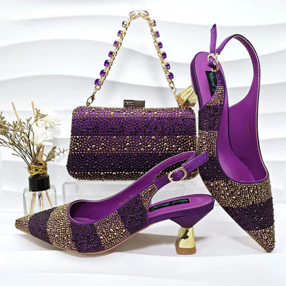 Fashion Nigerian Women Heel Party Ladies Italian Design Green Shoes And Bag Set Decorated with Rhinestone Handbag Wedding Party