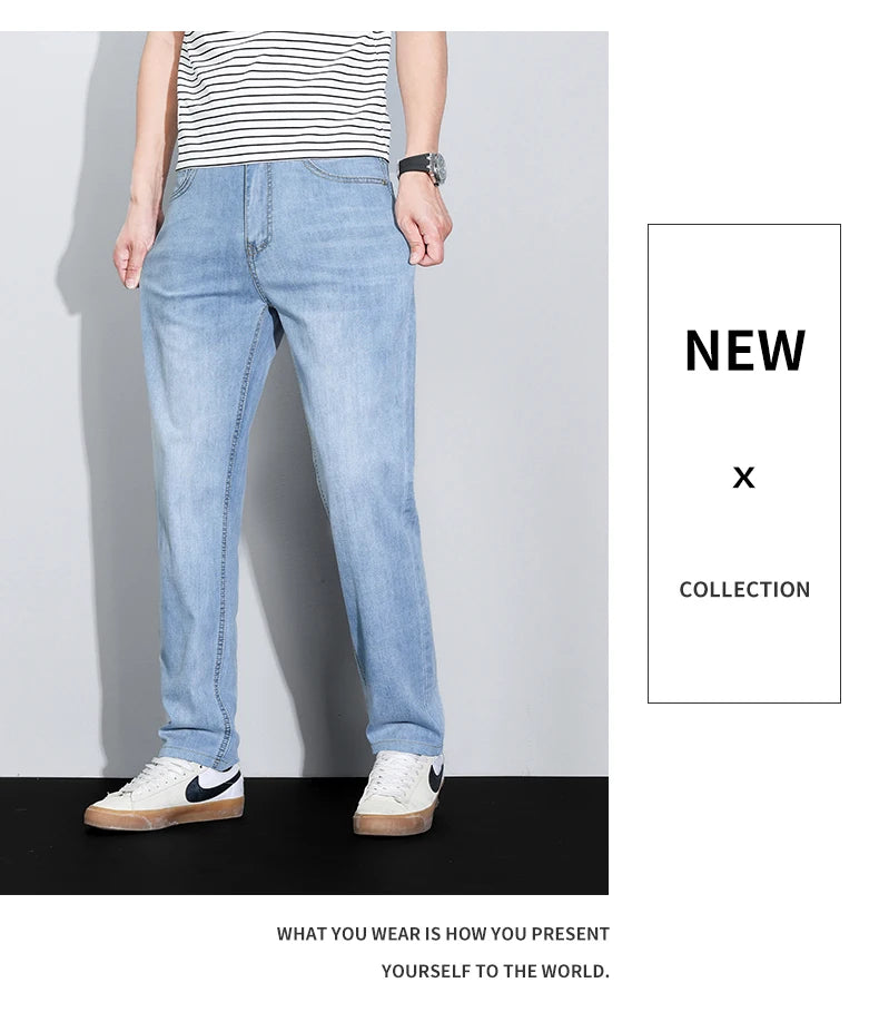 Men's Ice Silk Denim Cargo Pants Summer New Thin Business Casual Jeans Outdoor Y2K All Match Slim Fit Straight Elastic Jean Male