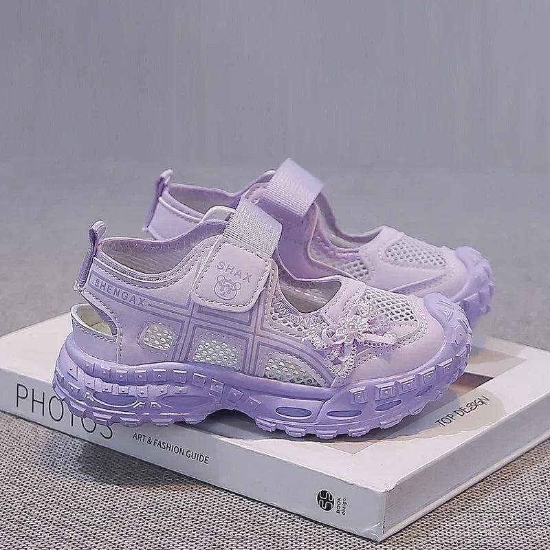2026 summer new girls' bow mesh toe sandals soft and casual beach sandals children's outdoor walking non slip flat shoes