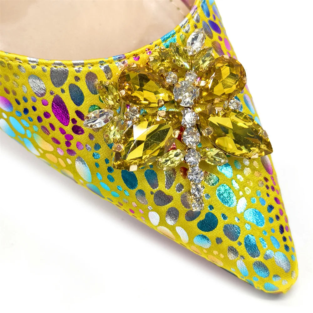 Champagne Color Thin Heels Pointed Toe Crystal Design Ladies Shoes Matching Bag Set For Women Weeding Party Pump