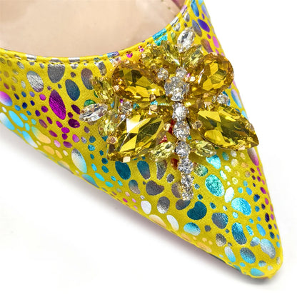 Champagne Color Thin Heels Pointed Toe Crystal Design Ladies Shoes Matching Bag Set For Women Weeding Party Pump