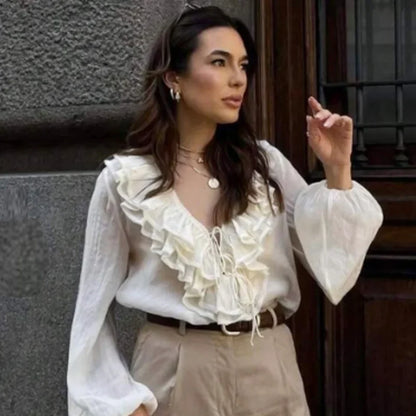 Woman 2025 Oversized Frill Blouse Spring Shirts & Blouses See-Through Chiffon Long Sleeve Top Layered Plus Size Shirts 066