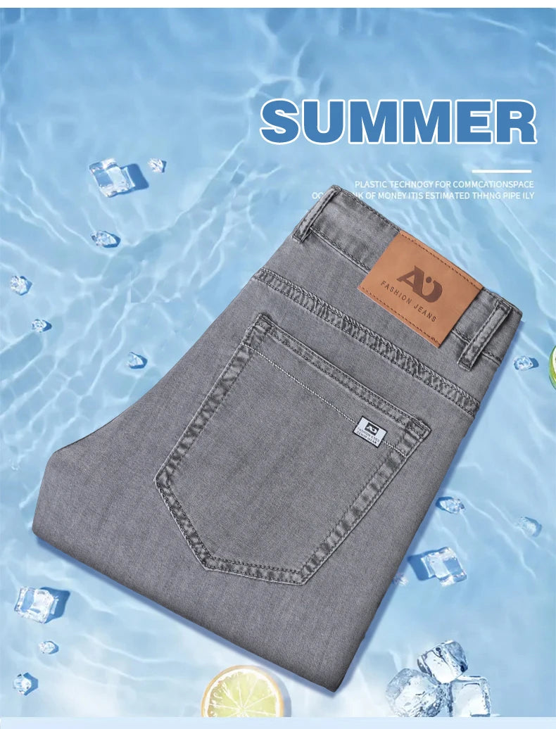 Summer Thin Men's Loose Straight Jeans Lyocell Soft Drape Business Casual Trousers Classic Smoke Gray Brand Ice Silk Pants