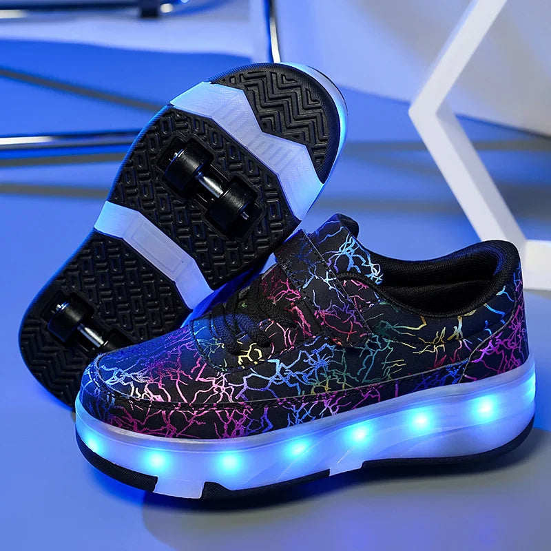 4 Wheel Dual-Use Roller Skates with Detachable Wheels ,Sneakers with LED Boys Girls Shoes with Wheels,Speed Skate Sizes 29-42