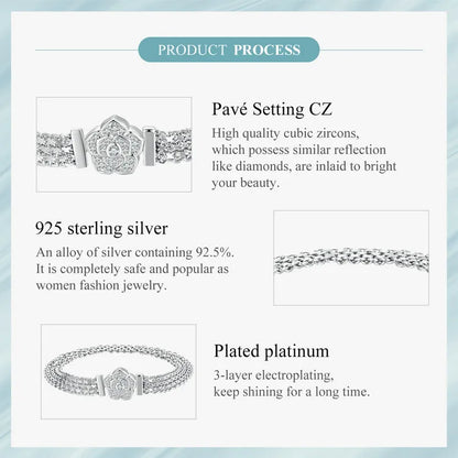 Original 925 Sterling Silver Rose Basic Bracelet Flat Chain Bangle Sparkling Zirconia Flower Charm for Women Birthday Gift