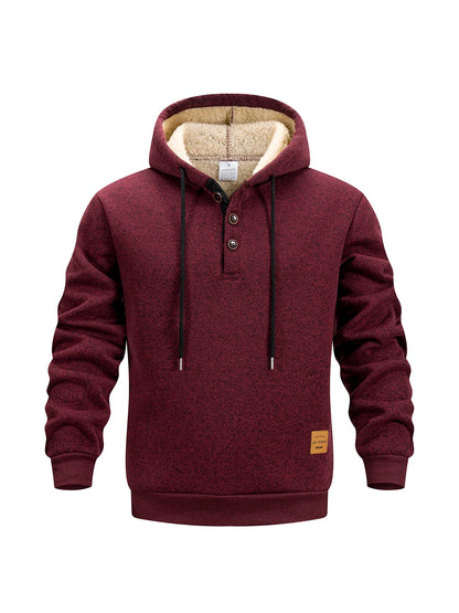 Men's Half Button Hoodie Thicken Winter Hooded Sweatshirts Retro Warm Fleece Knit Sweater Outdoor Running Sports Casual Pullover